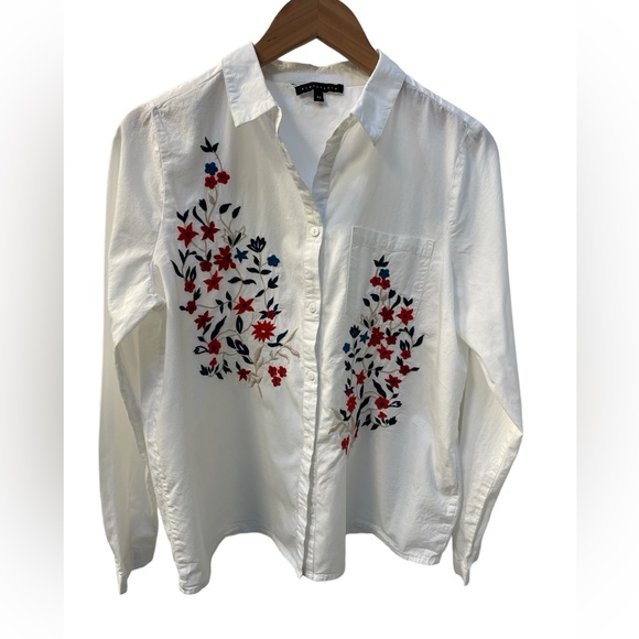 Tintoretto Anthropologie Floral Embroidered Button Down Cotton Blouse Size 42 - Picture 6 of 9